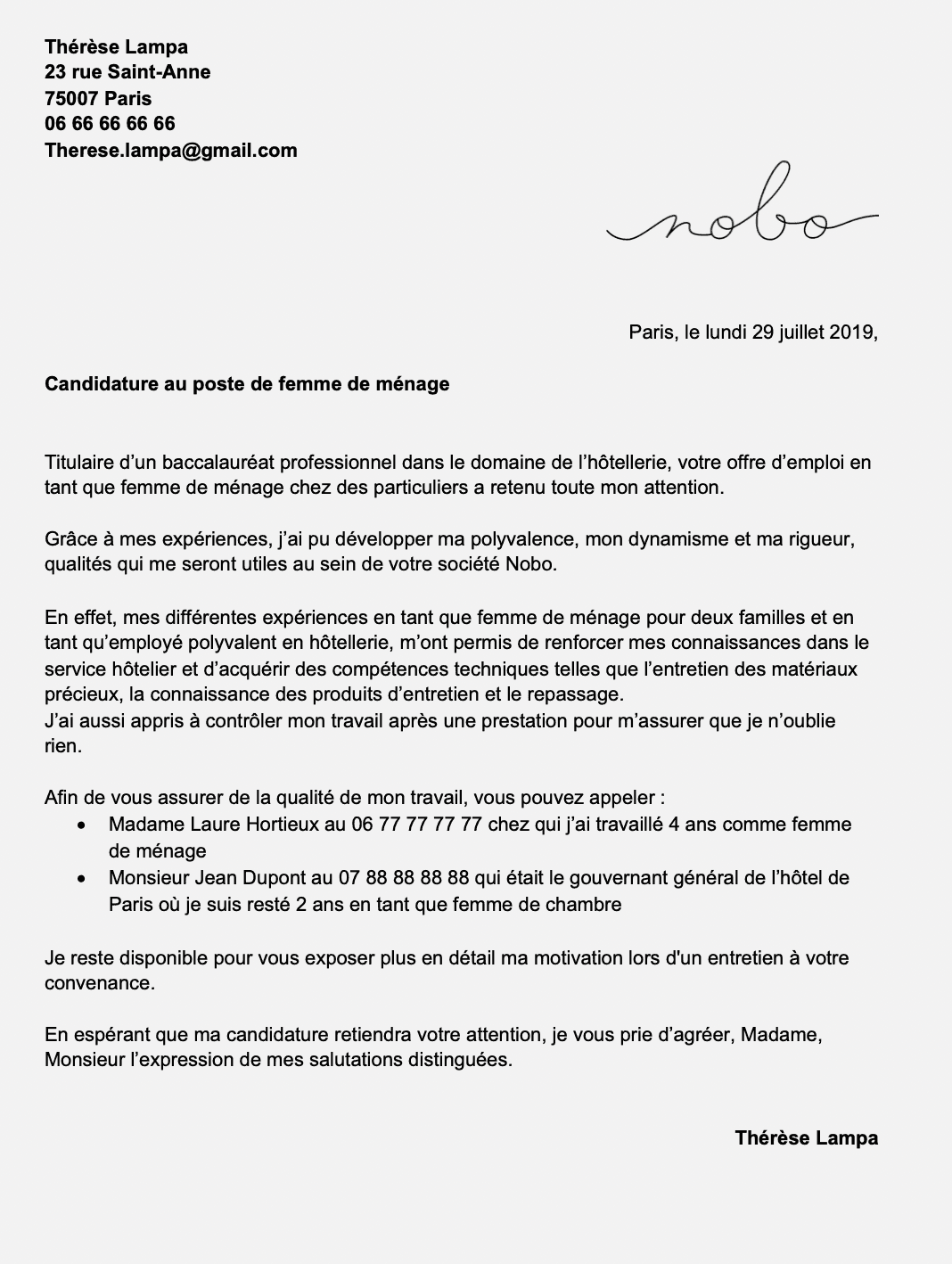 Lettre De Motivation Femme De Ménage Gratuite  Exemple de Lettre