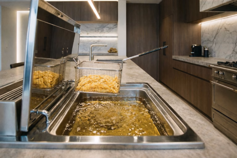 Expert en train de dégraisser une friteuse en inox pour un résultat impeccable.
