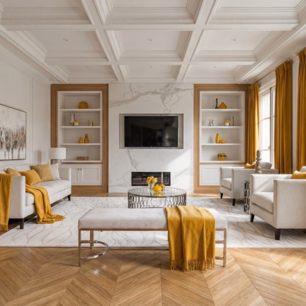 Salon haut de gamme avec un grand rideau jaune en velours parfaitement entretenu