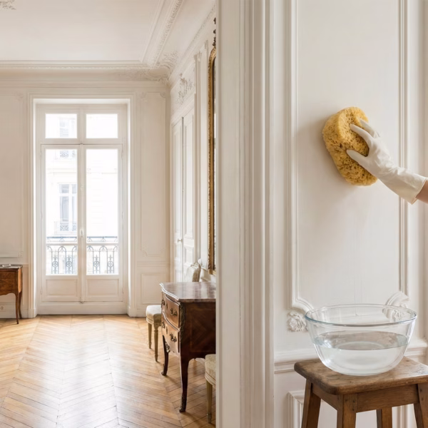 Professionnel en train de lessiver un mur blanc dans un salon lumineux.