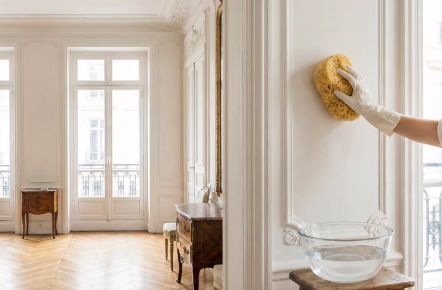 Professionnel en train de lessiver un mur blanc dans un salon lumineux.