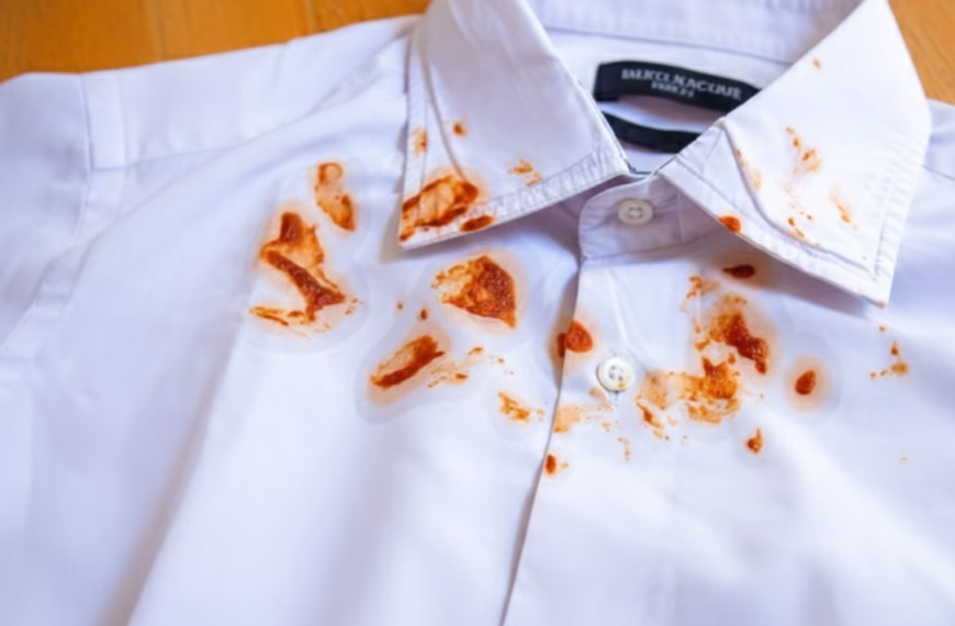 Nettoyage expert d'une tache sauce tomate sur un textile blanc de haute qualité.