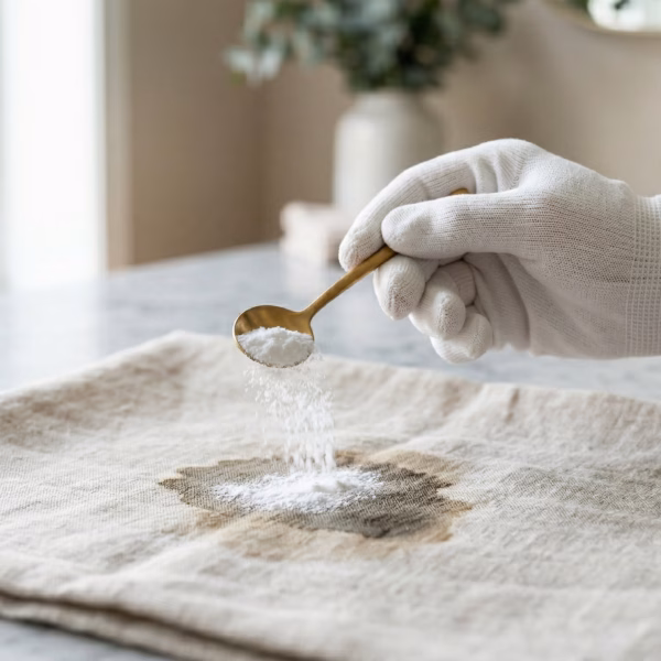 Application de Terre de Sommières sur une tache d'huile sur vêtement en coton blanc.