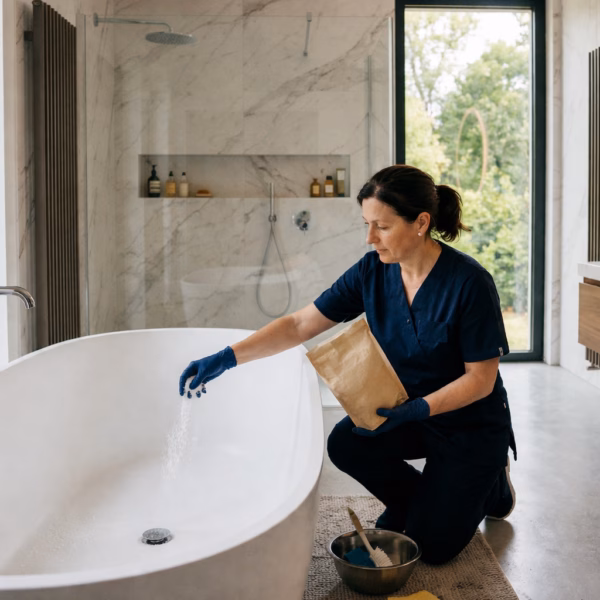 Utilisation des cristaux de soude canalisation dans une salle de bain haut de gamme.