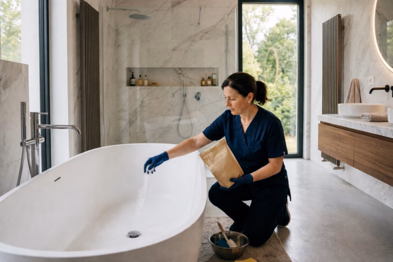Utilisation des cristaux de soude canalisation dans une salle de bain haut de gamme.