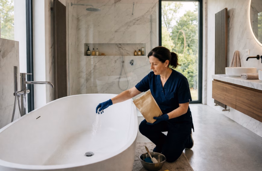 Utilisation des cristaux de soude canalisation dans une salle de bain haut de gamme.