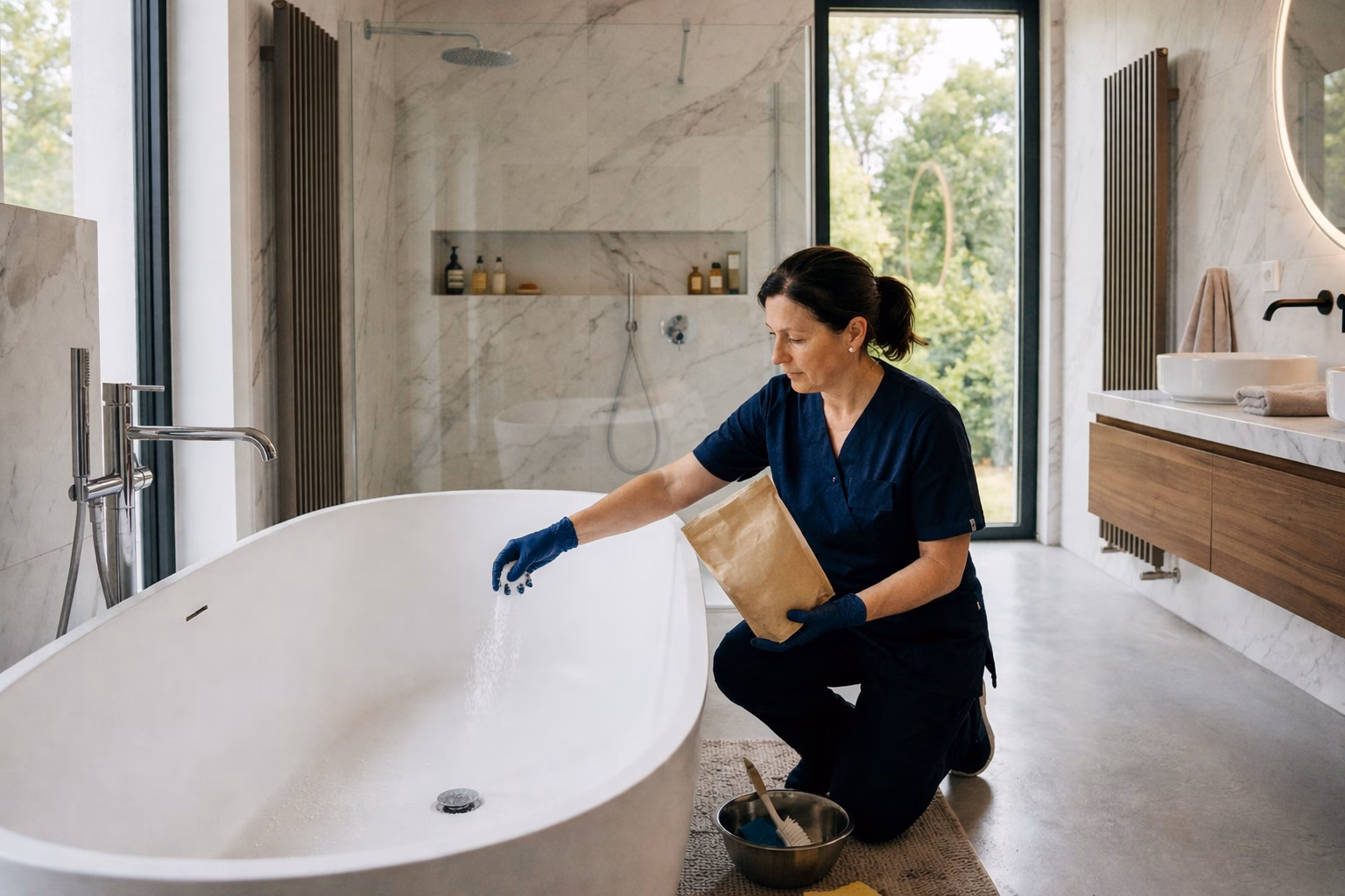 Utilisation des cristaux de soude canalisation dans une salle de bain haut de gamme.