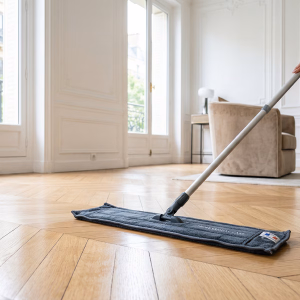 Nettoyage parquet flottant avec un balai microfibre professionnel dans un appartement de standing.
