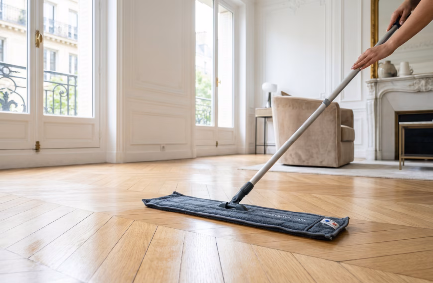 Nettoyage parquet flottant avec un balai microfibre professionnel dans un appartement de standing.