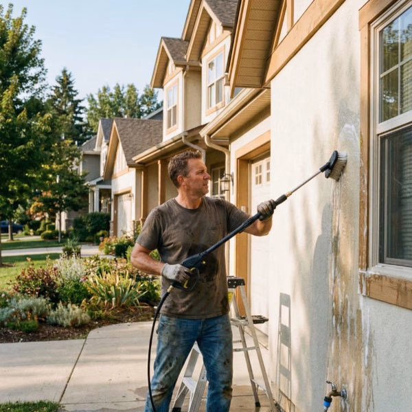 Intervenant NOBO en train de nettoyer mur exterieur en pierre de taille