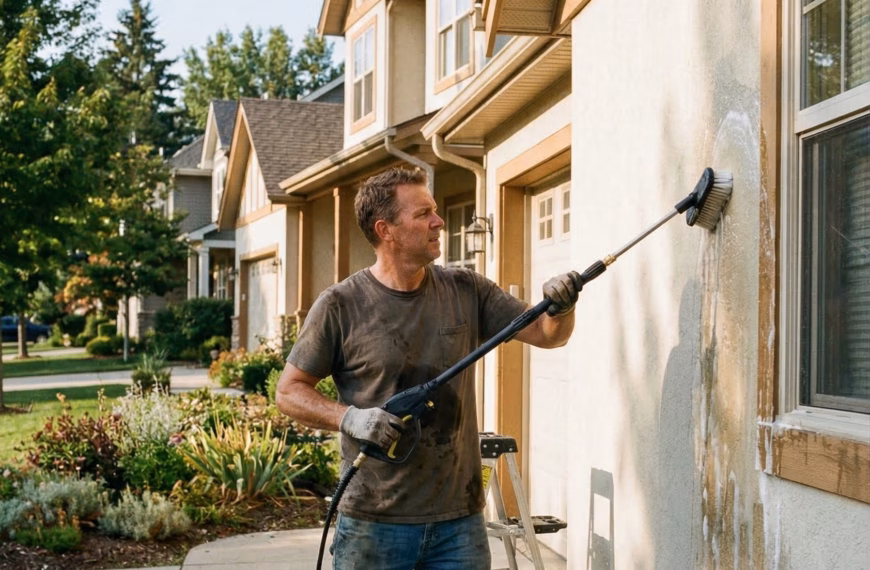 Intervenant NOBO en train de nettoyer mur exterieur en pierre de taille