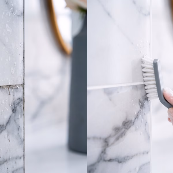 Nettoyage de précision d'un joints noir dans une salle de bain de luxe par NOBO