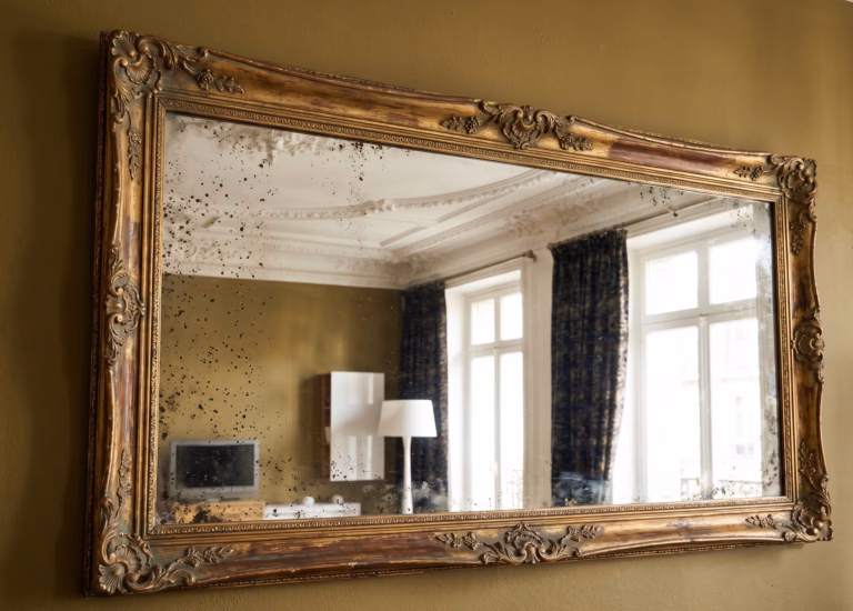 Miroir piqué ancien dans un salon de prestige entretenu par NOBO.