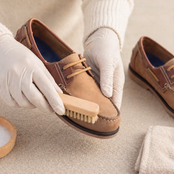 Geste professionnel pour nettoyer nubuck avec une brosse crêpe - Expertise NOBO