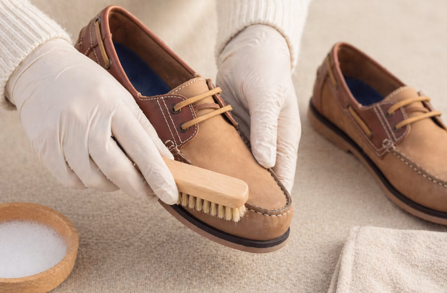 Geste professionnel pour nettoyer nubuck avec une brosse crêpe - Expertise NOBO