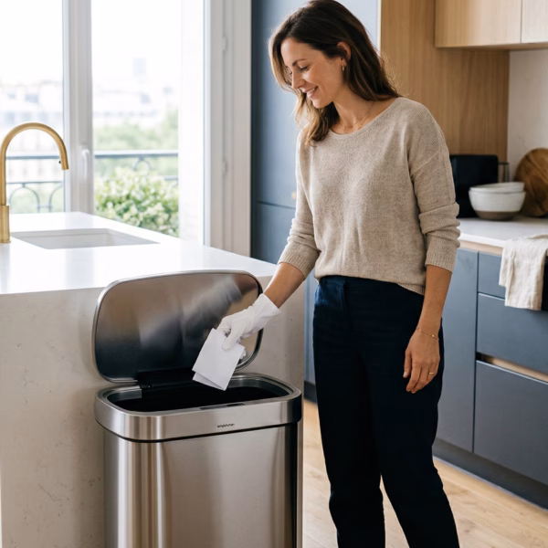 Expert NOBO en train de nettoyer sa poubelle de cuisine en inox avec soin.