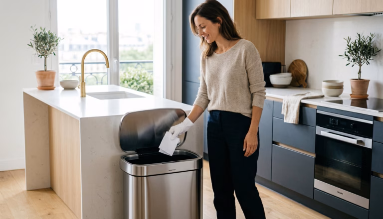 Expert NOBO en train de nettoyer sa poubelle de cuisine en inox avec soin.