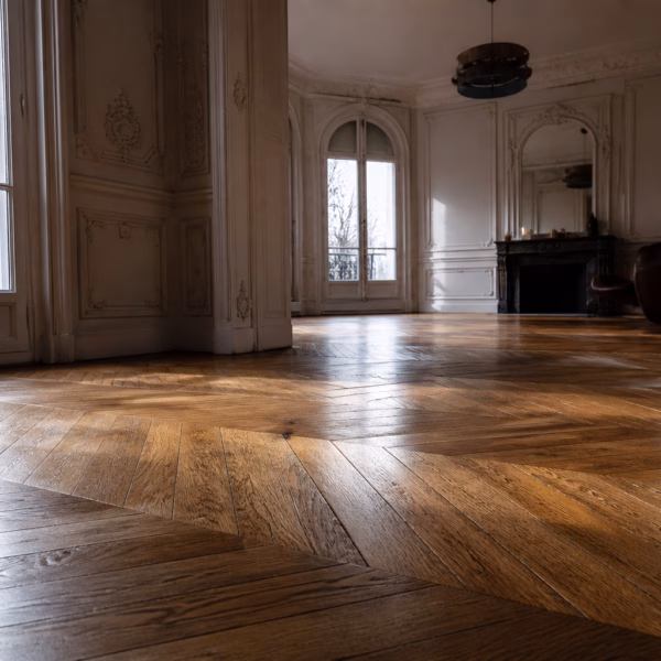 Gros plan sur l'entretien parquet huilé en chêne massif dans un salon design.