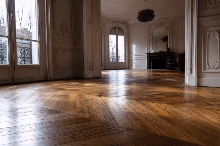 Gros plan sur l'entretien parquet huilé en chêne massif dans un salon design.