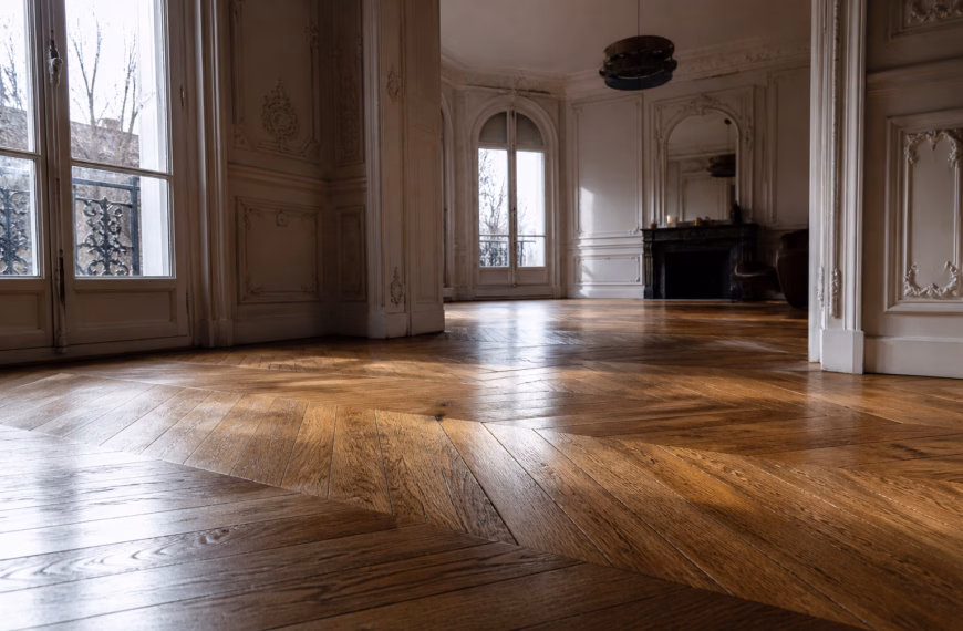 Gros plan sur l'entretien parquet huilé en chêne massif dans un salon design.