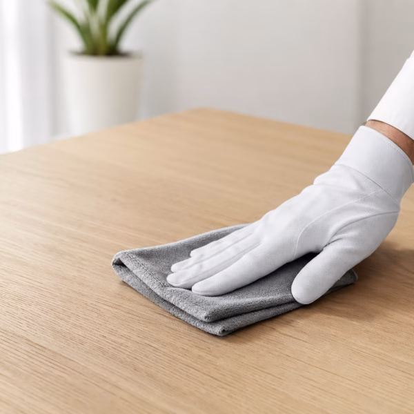 Expert NOBO en train de nettoyer le bois d'une table de salle à manger avec une microfibre de qualité