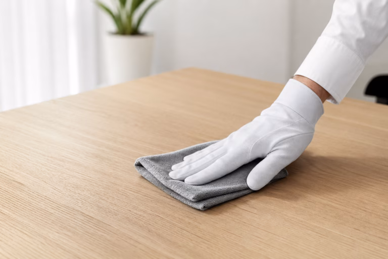 Expert NOBO en train de nettoyer le bois d'une table de salle à manger avec une microfibre de qualité