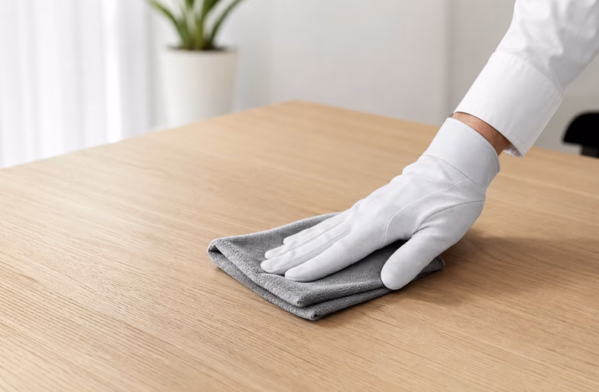 Expert NOBO en train de nettoyer le bois d'une table de salle à manger avec une microfibre de qualité