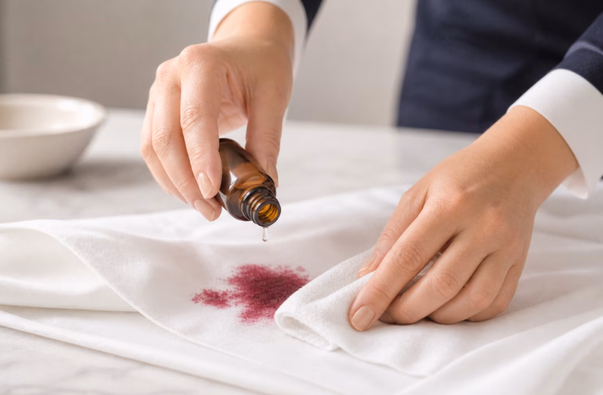 Nettoyage expert d'une tache betterave sur une nappe en lin blanc de luxe.