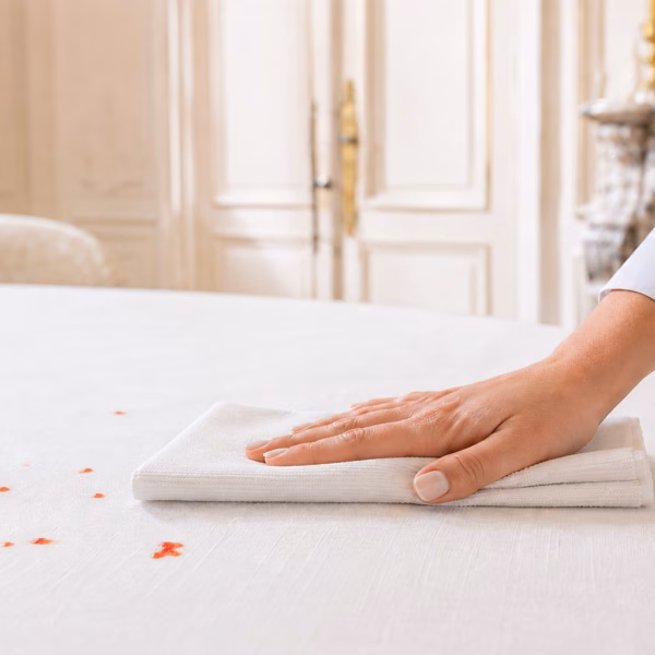 Expert NOBO traitant avec soin une tache de fruits rouges sur une nappe en lin.