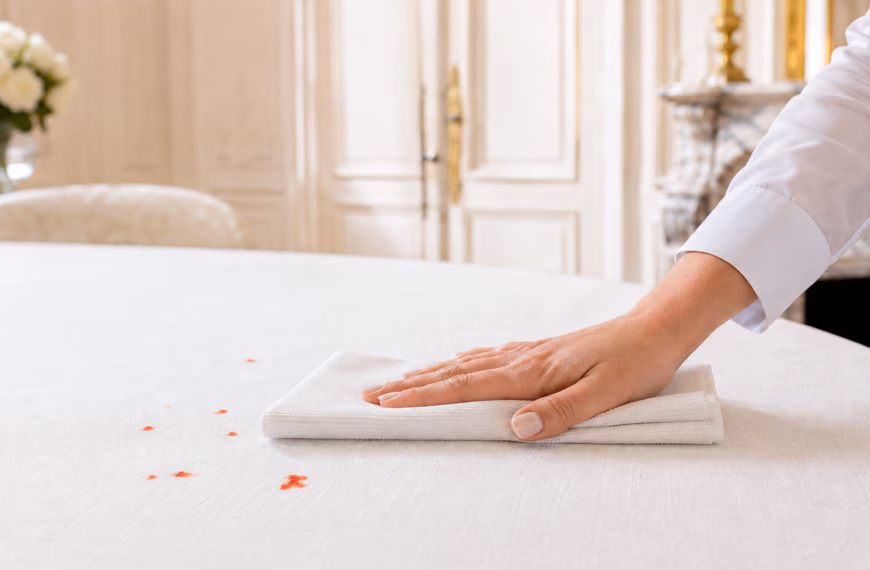 Expert NOBO traitant avec soin une tache de fruits rouges sur une nappe en lin.
