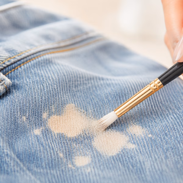 Restauration experte d'une tache eau de javel sur vêtement couleur bleu marine.