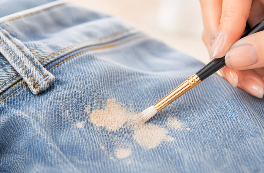 Restauration experte d'une tache eau de javel sur vêtement couleur bleu marine.